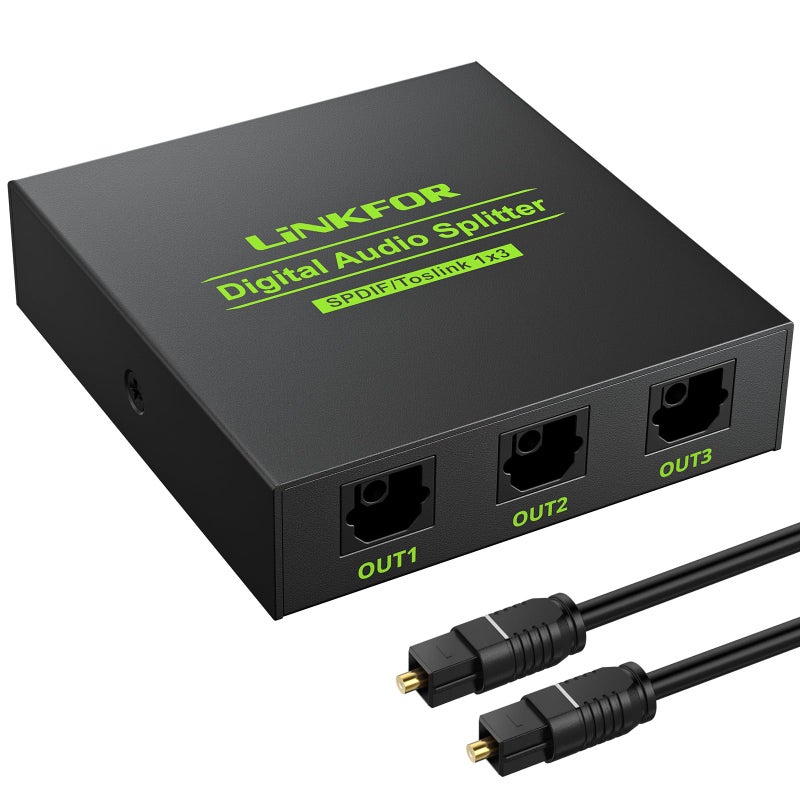 LiNKFOR Digital Optical Audio 1x3 Splitter Digital SPDIF Toslink Optical Fiber Audio Splitter 1 in 3 Out Aluminum Alloy with Optical Cable Support 5.1CH Dolby-AC3 DTS for PS3 Blue-Ray DVD HDTV - Image 1